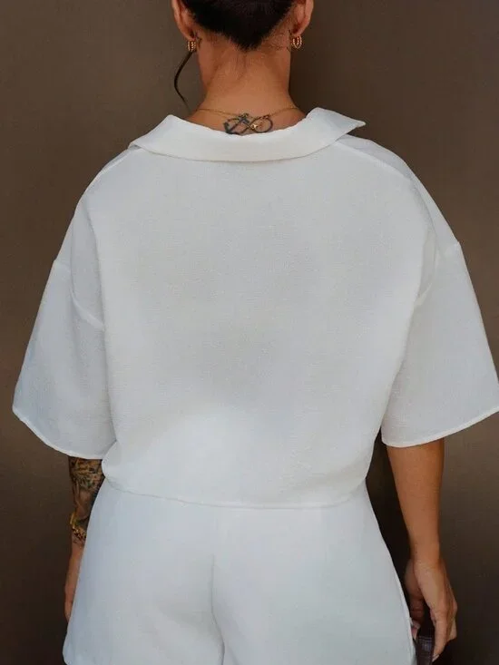 White Casual Women's Woven Cropped Shirt - Picture 2 of 6